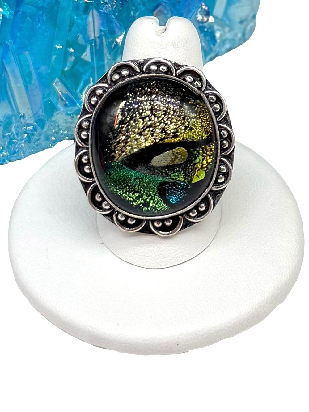 Dichroic Art Glass Ring Size 9.5 925 Sterling Silver Overlay Green